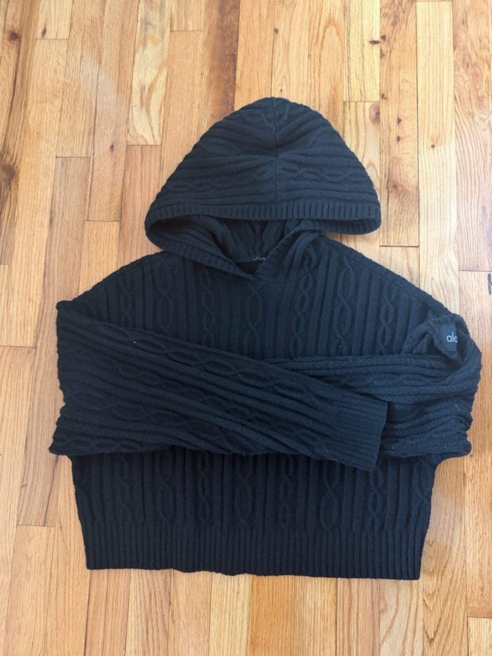 ALO Yoga Black Cable-Knit Hooded Sweater